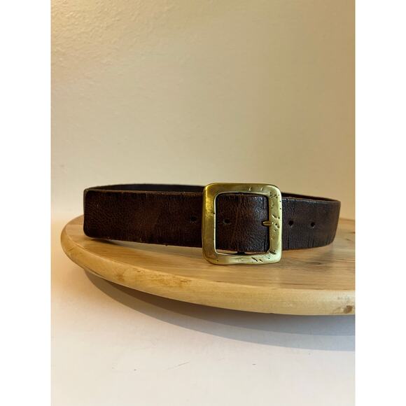 90s Brown Distressed Look Genuine Leather Square Gold Buckle Belt Size Medium main image 11